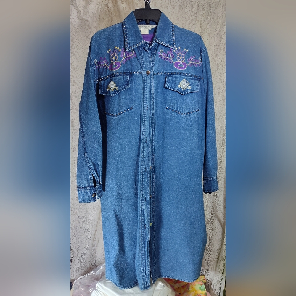 Vintage Embroidered Heavy Denim Long Shirt Dress
